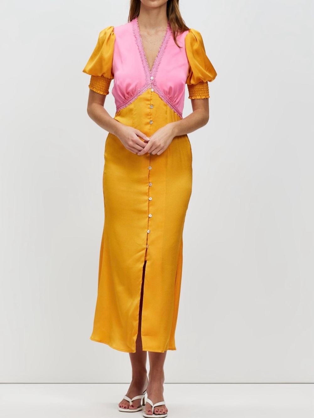 Never Fully Dressed Pink and Yellow Button-Front Midi Dress